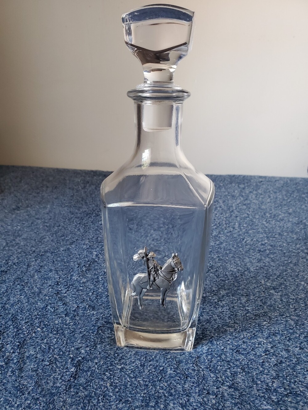 Vintage ARC Slovenia Glass Whiskey Decanter Square Bourbon Bottle Cowboy Rider